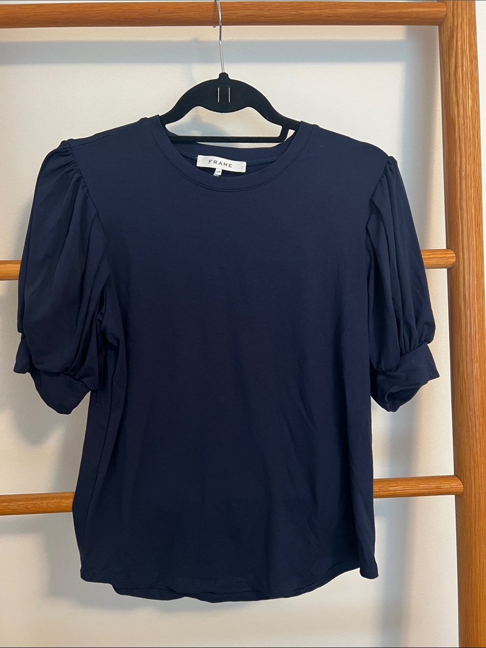 FRAME Navy Blue Puff Short Sleeve Crewneck Tee Shirt - Size Large (L)